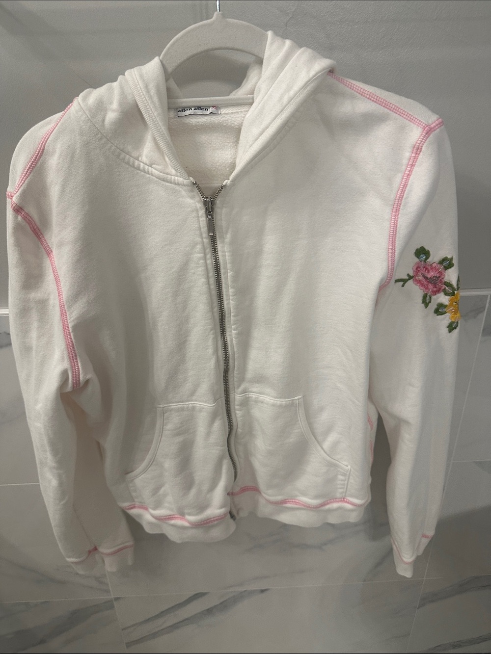 Allen Allen White Zip Hoodie with Pink Stitching and Embroidered Floral Sleeve